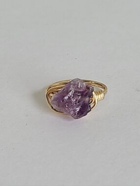 Boho Gold Plated Wire Wrapped Natural Rough Amethyst Gemstone Statement Ring